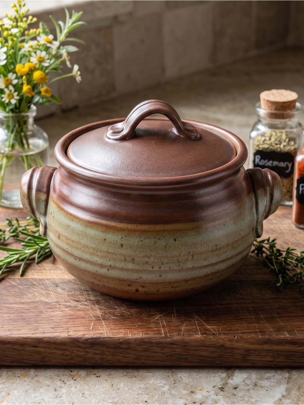 VTG Handcrafted Artisan Stoneware Clay Lidded Casserole Soup Pot